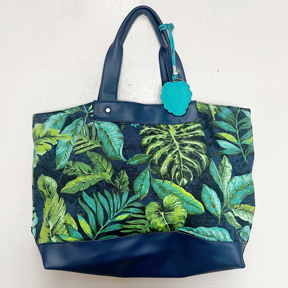 JoAnn Tropical Vacation Beach Pool Tote Canvas Bag With Handles Snap Closure